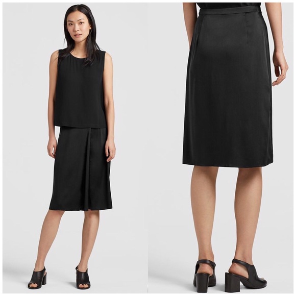 NWT Eileen Fisher Size 14 Silk Charmeuse Black Midi Skirt new with tags - Picture 6 of 6